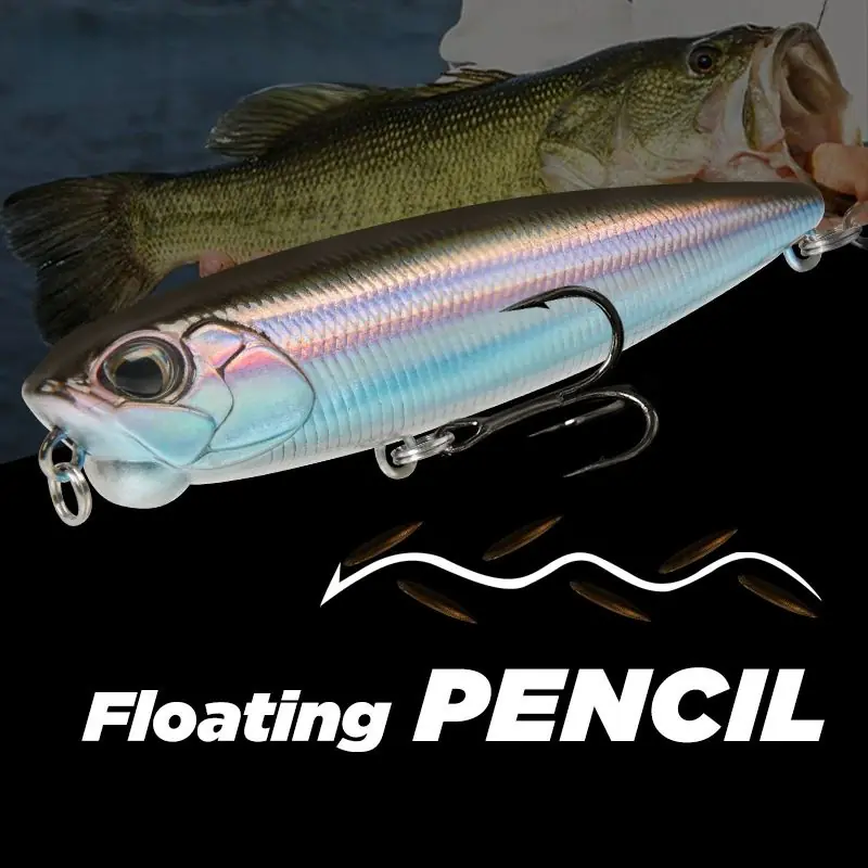 Floating pencil fishing lure close-up with sharp treble hooks and dog-walking action diagram