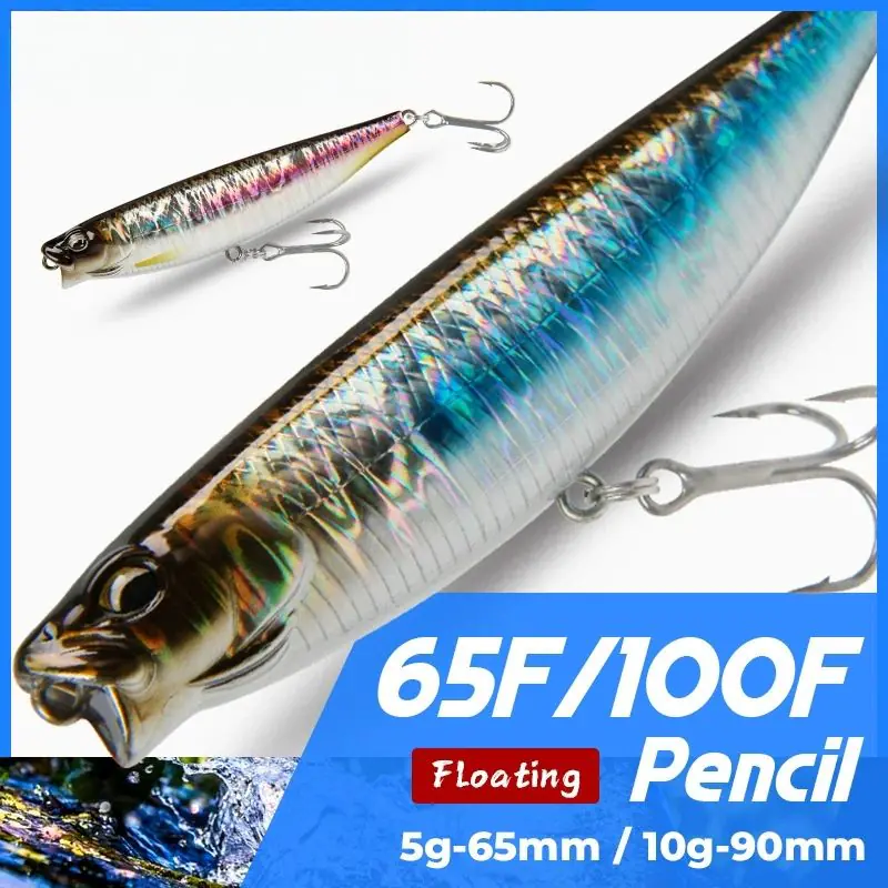 Floating pencil fishing lure hard bait in 65F 5g 65mm and 100F 10g 90mm sizes