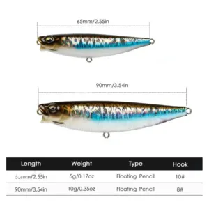 Specifications chart for floating pencil lure showing 65mm 5g with #10 hook and 90mm 10g with #8 hook