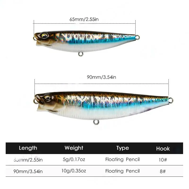 Specifications chart for floating pencil lure showing 65mm 5g with #10 hook and 90mm 10g with #8 hook