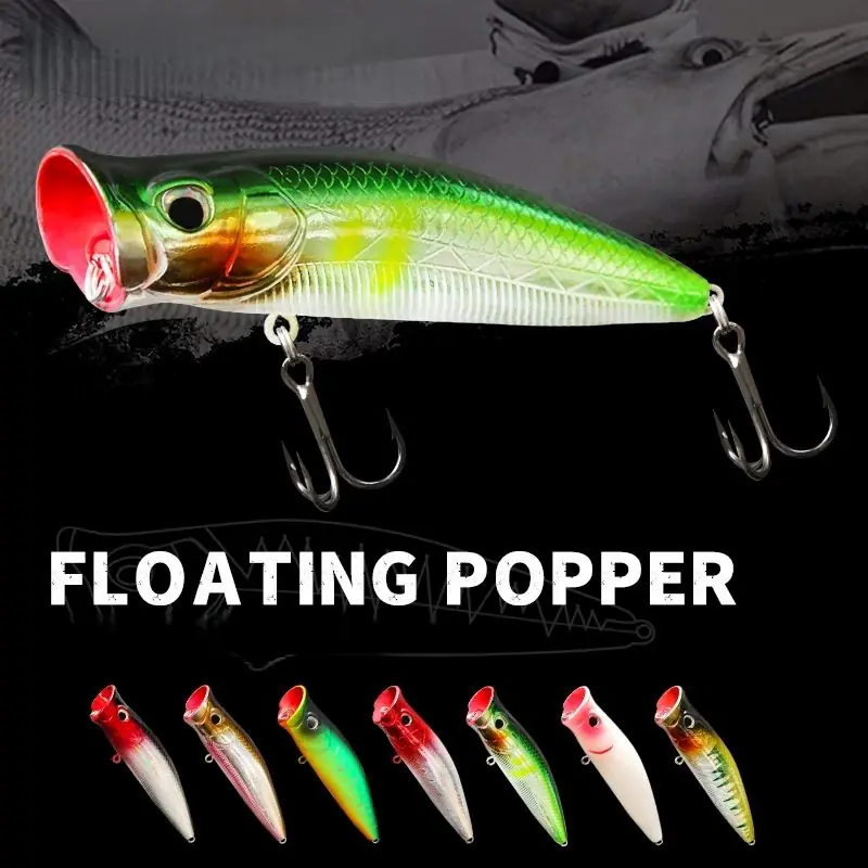 Floating popper fishing lure showing large red cupped mouth sharp treble hooks and multiple color options below