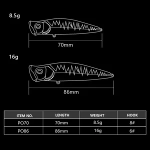 Technical specification diagram for PO70 and PO86 floating popper fishing lures showing length and weight details
