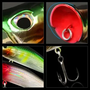 Four-panel detailed close-up of floating popper lure showing 3D eye red cupped mouth laser scale finish and treble hook