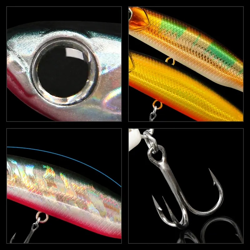 Close up details of Qingdao Haibo Fishing pencil lure showing 3D bionic eyes laser skin scale pattern and sharp treble hook