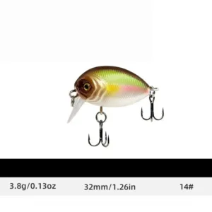 Dimension and weight chart for 32mm 3.8g floating crankbait with #14 treble hooks
