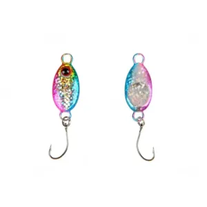 Front and back view of a rainbow metallic micro spoon lure showing 3D fisheye and laser scale holographic pattern.