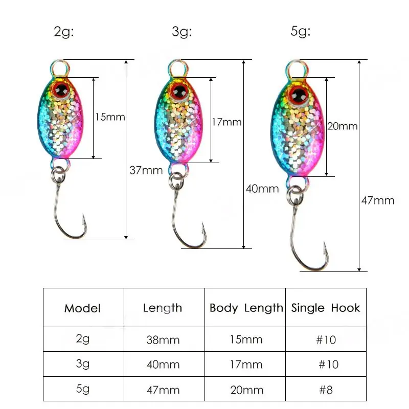 Technical specification diagram for micro metal spoon lures showing dimensions and hook sizes for 2g, 3g, and 5g models.