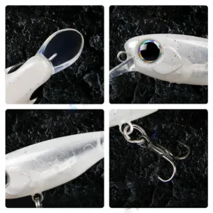 Close-up detail views of clear diving lip, 3D simulation eye, textured translucent body, and treble hook