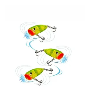 Illustration showing topwater splashing and popping swimming action of micro popper bait