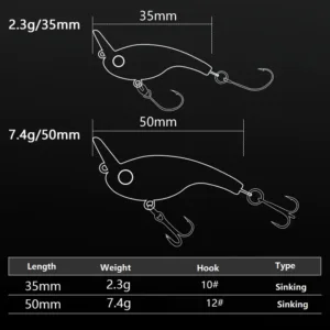 Dimension and weight specification chart for 35mm 2.3g and 50mm 7.4g sinking crankbait lures