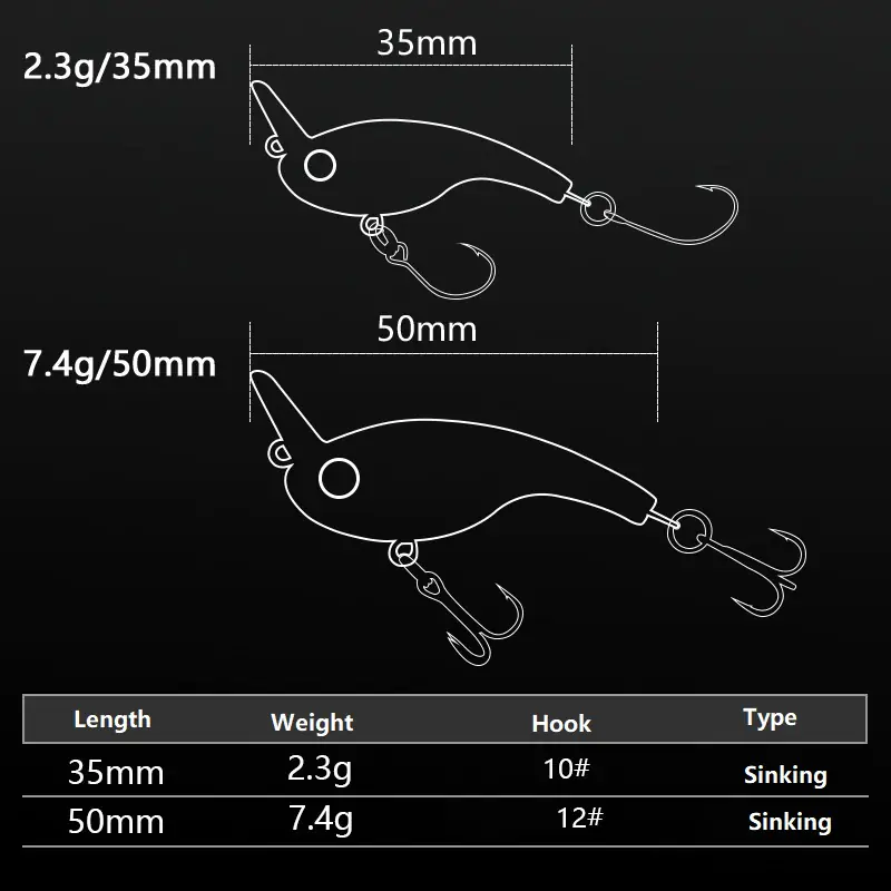 Dimension and weight specification chart for 35mm 2.3g and 50mm 7.4g sinking crankbait lures