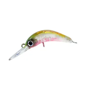 Translucent olive pink micro sinking minnow lure with 3D eyes and long diving lip