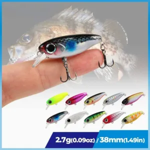 Ultra light micro sinking minnow fishing lure 38mm 2.7g held in hand with 10 color options