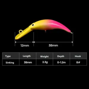 Specifications table for 38mm 2.3g sinking minnow fishing lure showing length depth and hook size