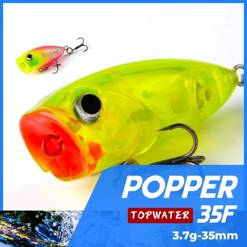 Micro topwater popper lure 35F 3.7g 35mm with red concave cupped mouth and sharp treble hooks