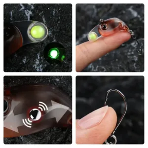 Feature details of micro VIB lure including glowing bead lip, internal acoustic rattle, and sharp single hook