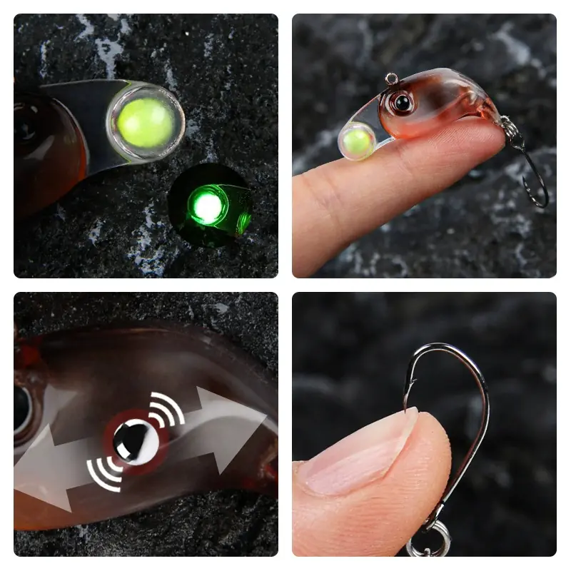 Feature details of micro VIB lure including glowing bead lip, internal acoustic rattle, and sharp single hook