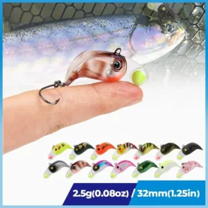 Person holding a mini micro VIB fishing lure on a fingertip showing 2.5g 32mm specifications and color options below