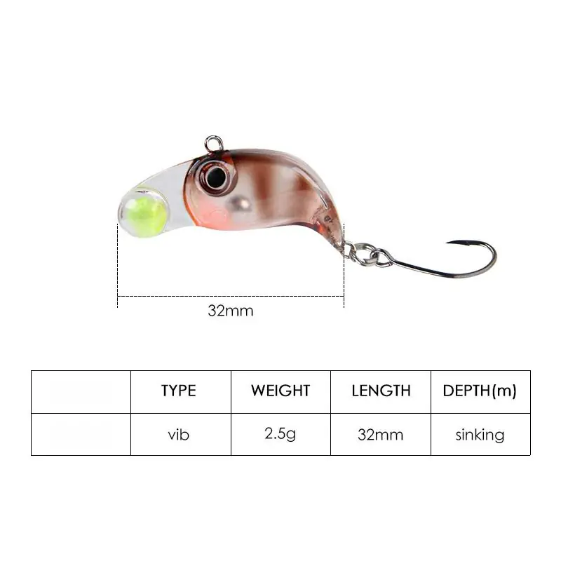 micro-vib-sinking-lure-size-specification-chart Technical parameter chart for 2.5g 32mm micro VIB sinking lure showing body length and weight specs