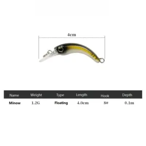 Technical specification diagram for 4cm 1.2g floating mini minnow lure showing length depth and 8# hook size