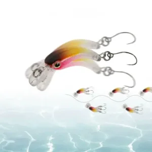 Mini floating minnow fishing lure held on a finger with a single hook and color options display below