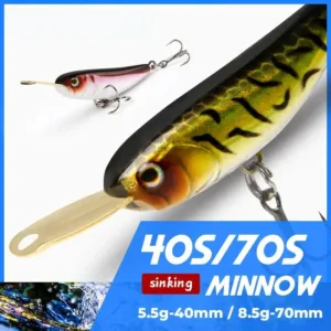 Close up of sinking minnow fishing lure showing metal diving lip and trout scale pattern with size labels