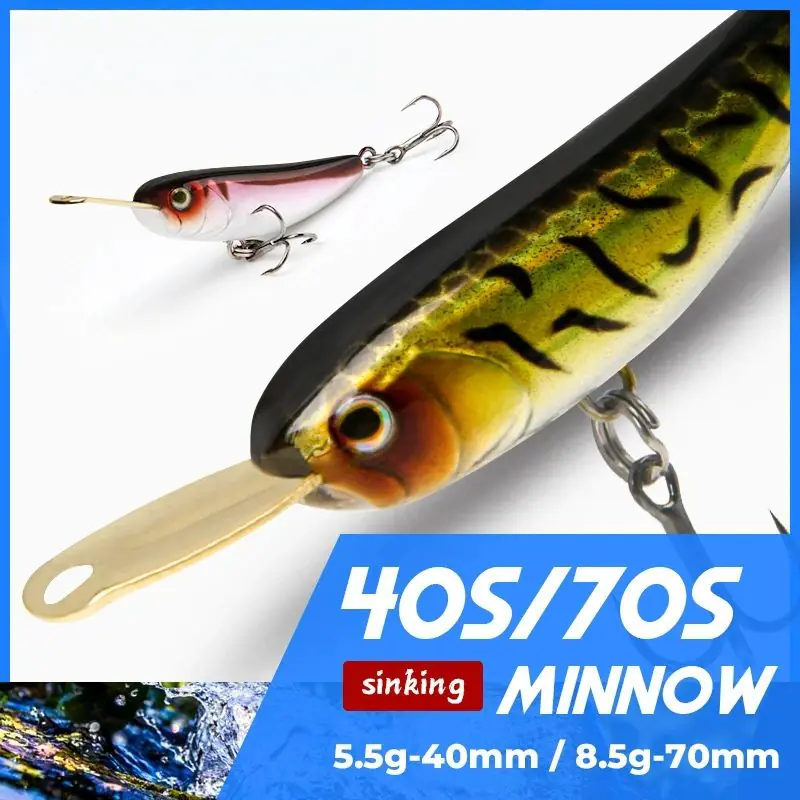 Close up of sinking minnow fishing lure showing metal diving lip and trout scale pattern with size labels