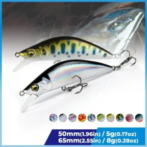 Sinking minnow fishing lure hard bait in 50mm 5g and 65mm 8g sizes with trout background