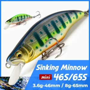 Sinking minnow fishing lure showing close-up details of 46S and 65S models with sharp treble hooks