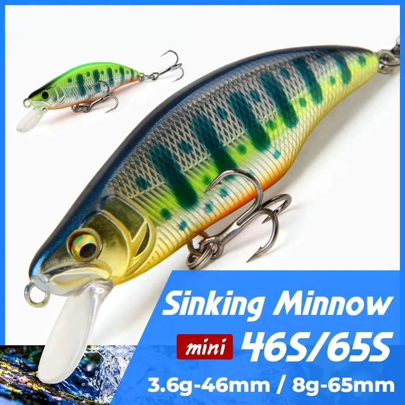Sinking minnow fishing lure showing close-up details of 46S and 65S models with sharp treble hooks