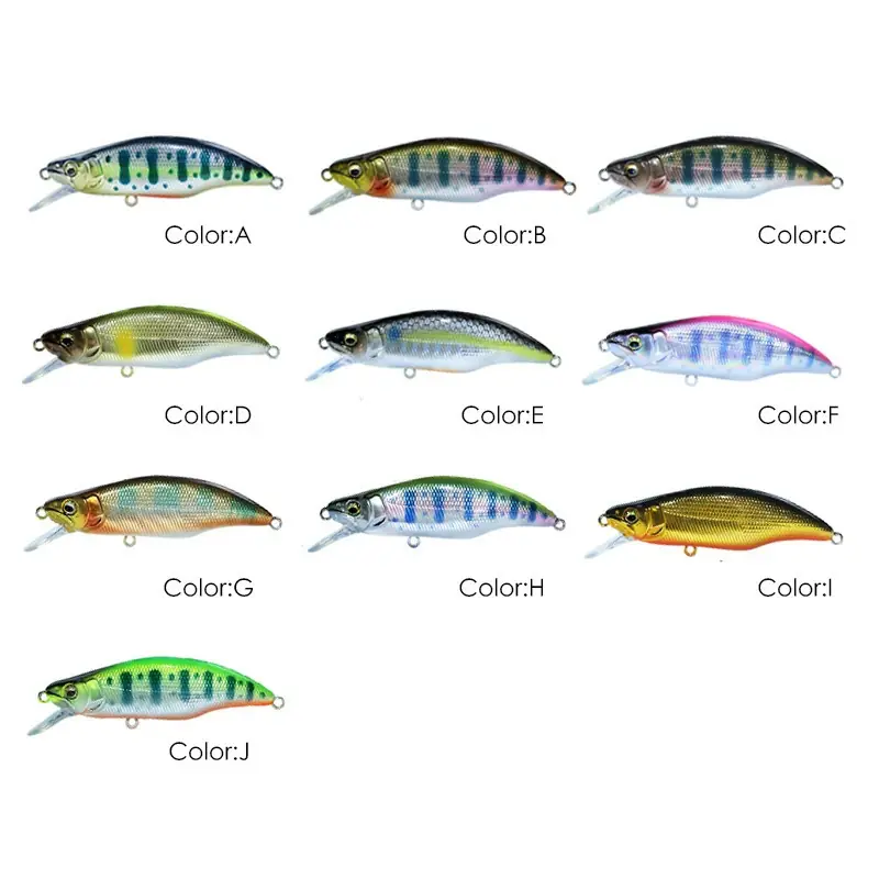 Technical specification diagram for HT46 and HT65 sinking minnow fishing lures showing length and weight options