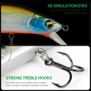 Close-up shot of 3D simulation eyes and high-carbon steel treble hook on sinking minnow lure