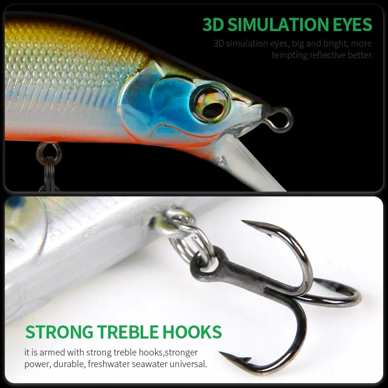 sinking-minnow-lure-3d-eyes-treble-hook-details Close-up shot of 3D simulation eyes and high-carbon steel treble hook on sinking minnow lure