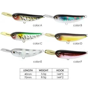 Six color options A to F and technical specification table for 40S and 70S sinking minnow lures