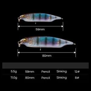 Specification chart for 59mm 5.5g with 12# hooks and 80mm 11g with 8# hooks sinking pencil lures