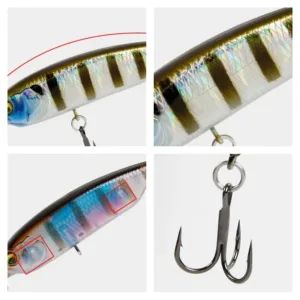 Four-panel close-up of holographic scale laser body finish and sharp treble hook on sinking pencil lure