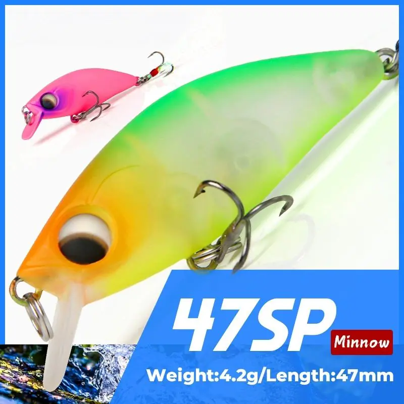 Slow sinking minnow fishing lure 47SP close-up showing chartreuse body and 4.2g 47mm specs
