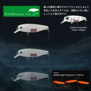 Internal fixed center of gravity weight structure in slow sinking minnow bait for stable swimming action