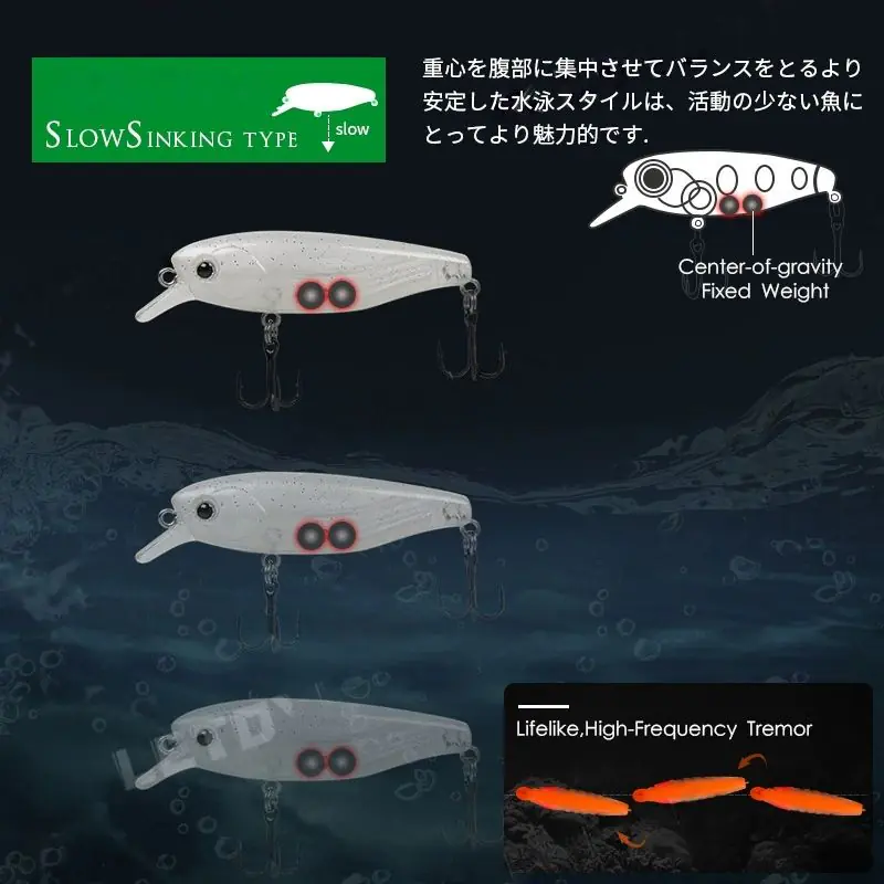 Internal fixed center of gravity weight structure in slow sinking minnow bait for stable swimming action
