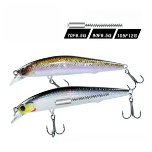 Slow sinking minnow lure showing internal weight balance system and treble hooks