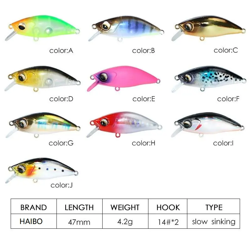 Haibo slow sinking minnow fishing lure 47mm 4.2g color option chart with 14# treble hooks