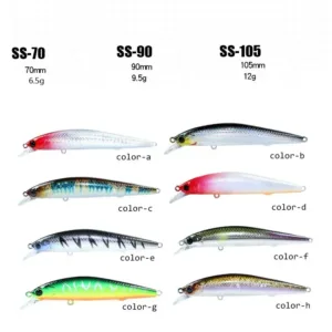 Specifications chart and 8 color options for SS-70, SS-90, and SS-105 slow sinking minnow lures