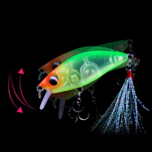 Slow sinking minnow fishing lure demonstrating tight swimming wobble action and reflective tinsel feather tail