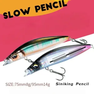 Slow sinking pencil fishing lure with magnetic weight transfer system in 75mm 8g and 95mm 14g sizes