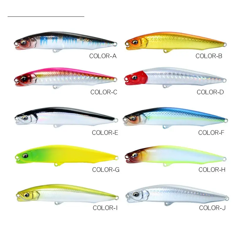 Color options chart for slow sinking pencil lure from Color-A to Color-J