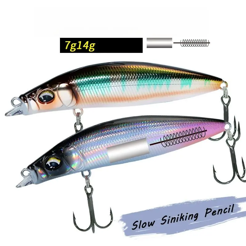 Internal spring weight transfer system inside slow sinking pencil lure for long-distance casting