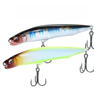 Close-up profile of slow sinking stickbait lure equipped with strong dual treble hooks and 3D eyes