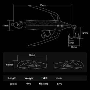 Technical specifications and dimensional line drawing for 80mm 6.6g floating cicada lure
