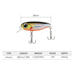 Size chart and technical specifications for 38mm 2.7g sinking minnow lure with 14# treble hooks